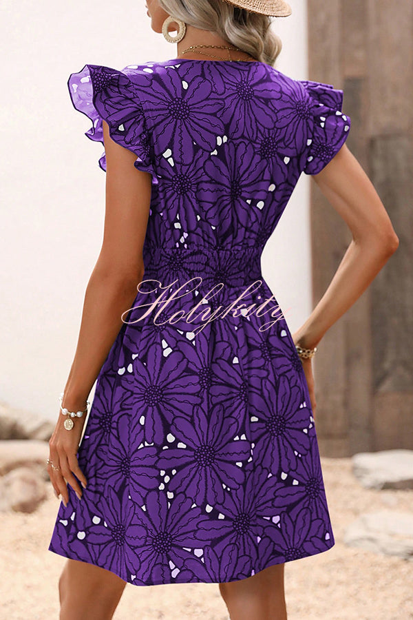 Wonderful Weekend Floral Print Ruffle Sleeve Elastic Waist Mini Dress