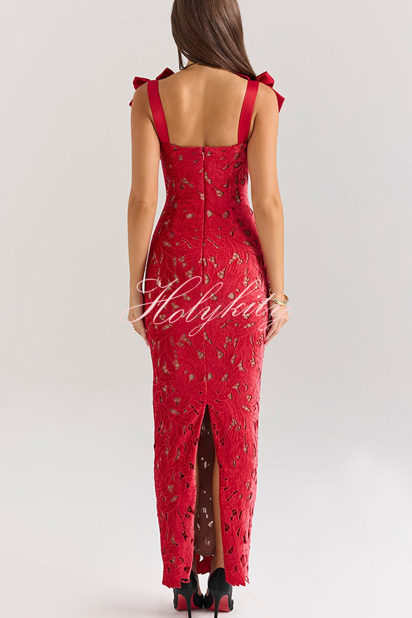 Holiday Intimacy Embroidered Floral Lace Bow Shoulder Straps Slit Maxi Dress