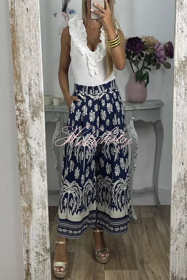 Unique Print Elastic Waist Loose Pocket Holiday Wide Leg Pants