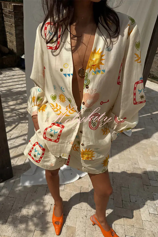 Funny Vacation Unique Printed Long Sleeve Shirt and Elastic Waist Pocket Loose Shorts Set