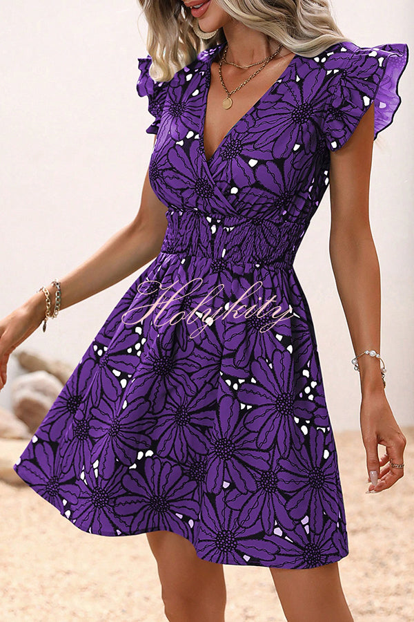 Wonderful Weekend Floral Print Ruffle Sleeve Elastic Waist Mini Dress