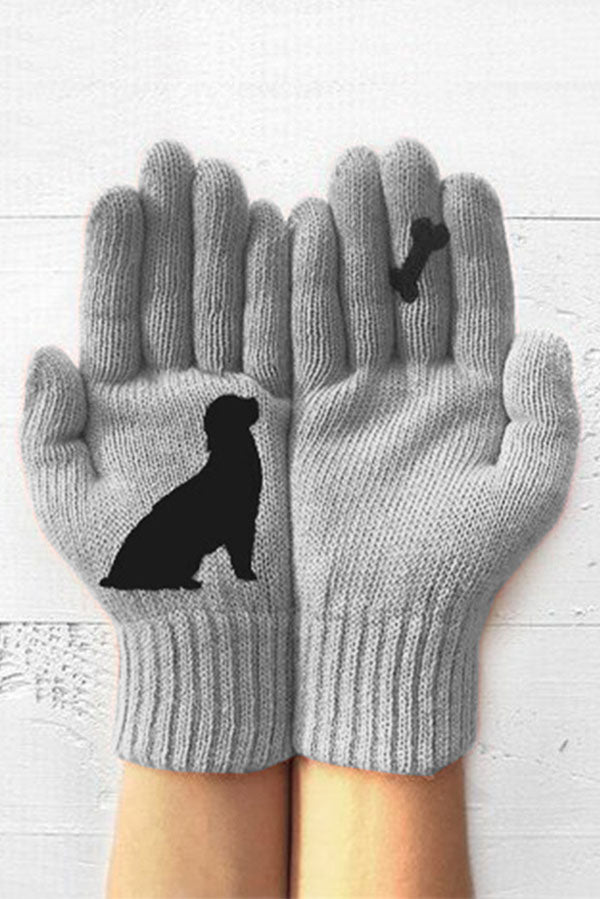 Printed Knitted Gloves Short Thickened Warm Finger Gloves-Dog