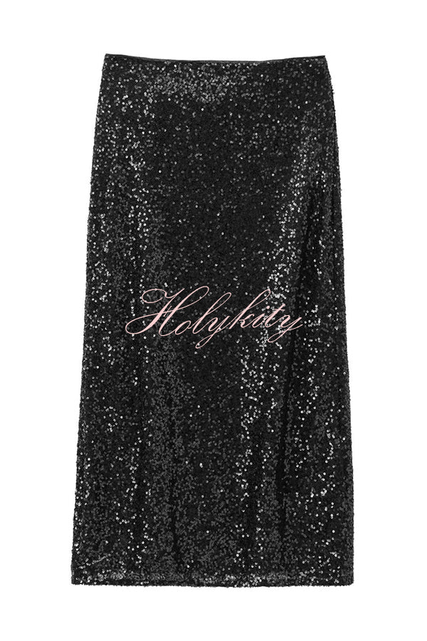 Crushing on You Sequin High Rise Wrap Tie-up Slit Midi Skirt