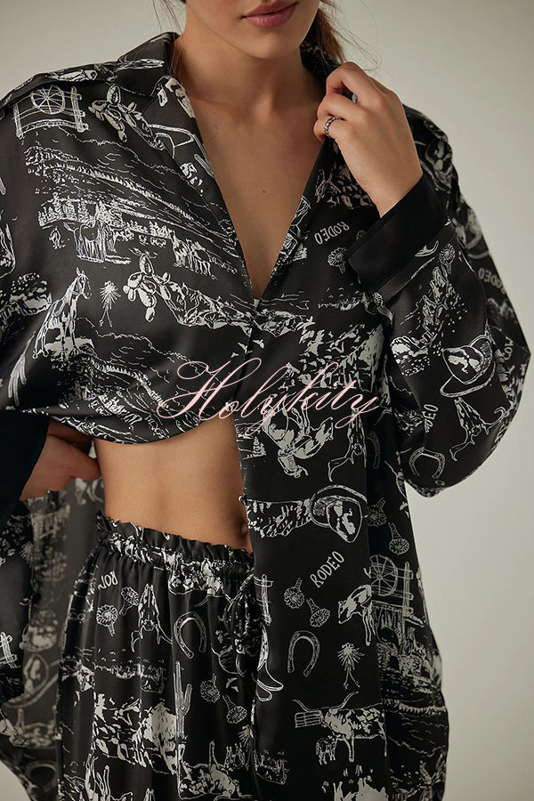 Unique Printed Lounge Long-sleeved Shirt and Elastic Waisted Baggy Pants Set