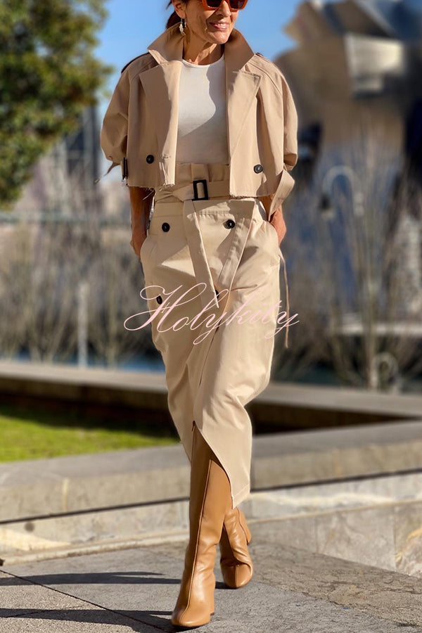 Work Style Lapel Long Sleeve Jacket and Button Belt Pocketed Slit Midi Skirt Set