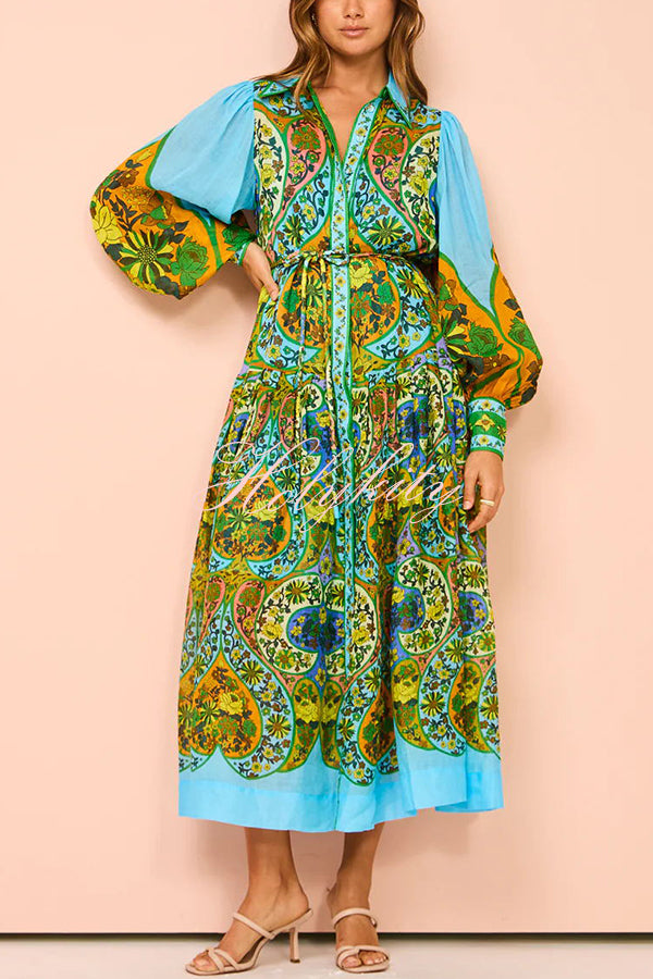 Feeling Butterflies Multi Unique Print Balloon Sleeve Belt Shirt Midi Dress