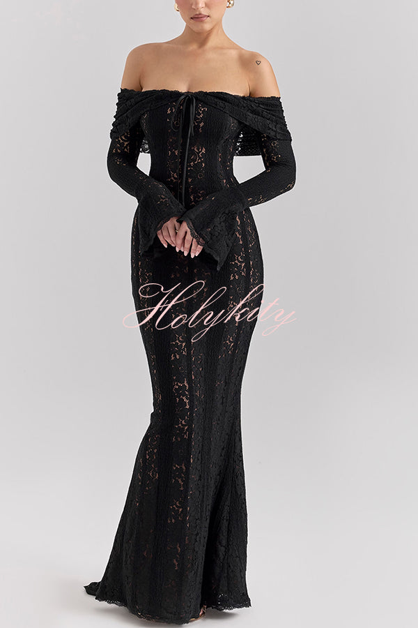 Outline The Curve Floral Lace Off Shoulder Bell Sleeve Stretch Maxi Dress