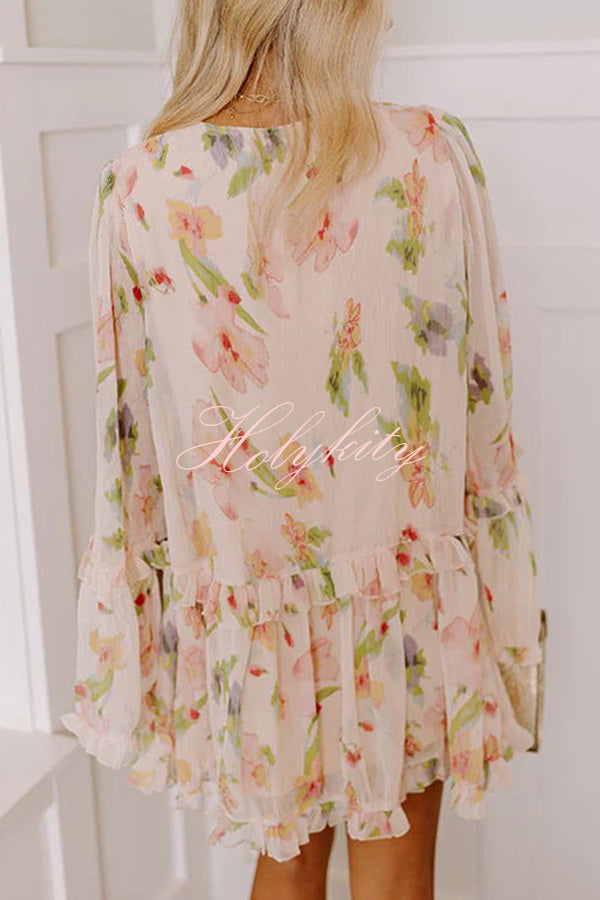 Striking Pleated Floral Print V Neck Ruffle Paneled Long Sleeve Mini Dress