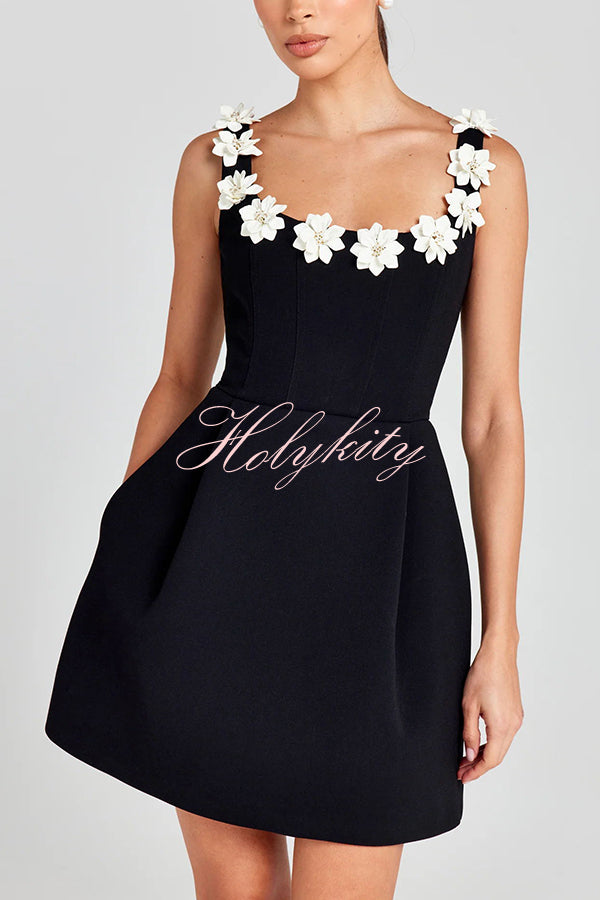 Cindy Faux Pearl Flower Applique Square Neck Pocketed Mini Dress