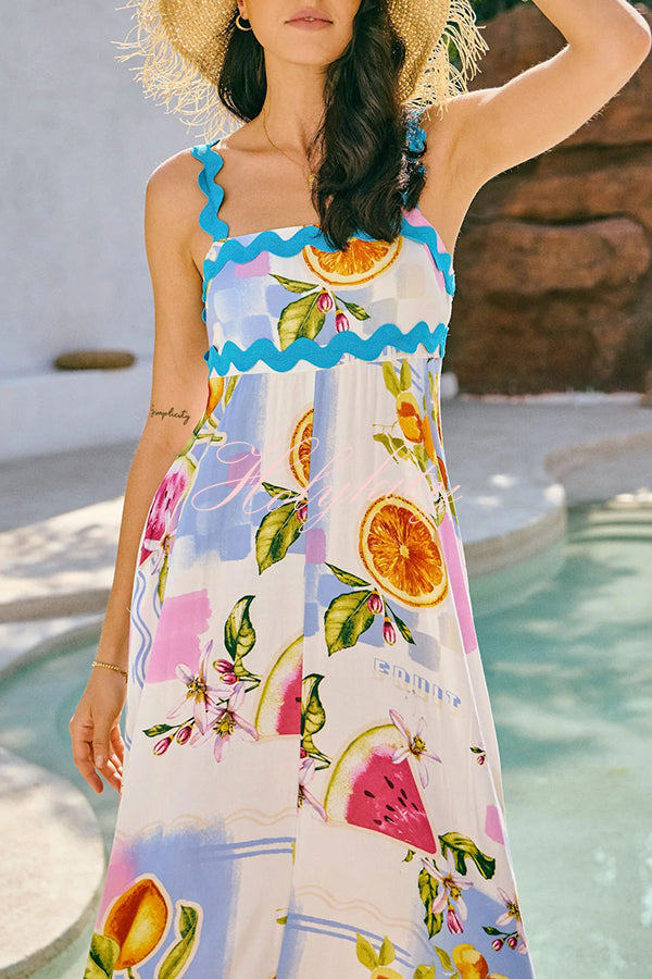 Vivi Fruit Floral Print Wave Pocket Maxi Dress