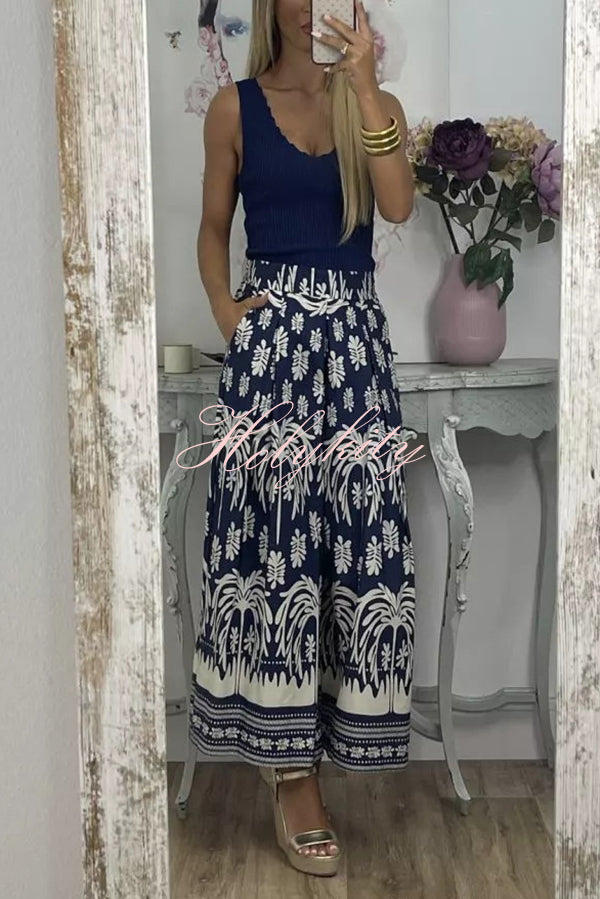 Unique Print Elastic Waist Loose Pocket Holiday Wide Leg Pants