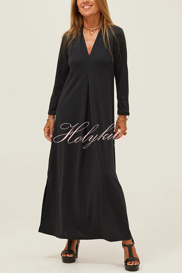 Solid Color V-neck Casual Slit Maxi Dress