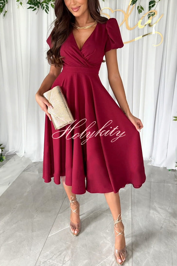 Zayla Solid Color Puff Sleeve V-neck Waist Slim Fit Midi Dress