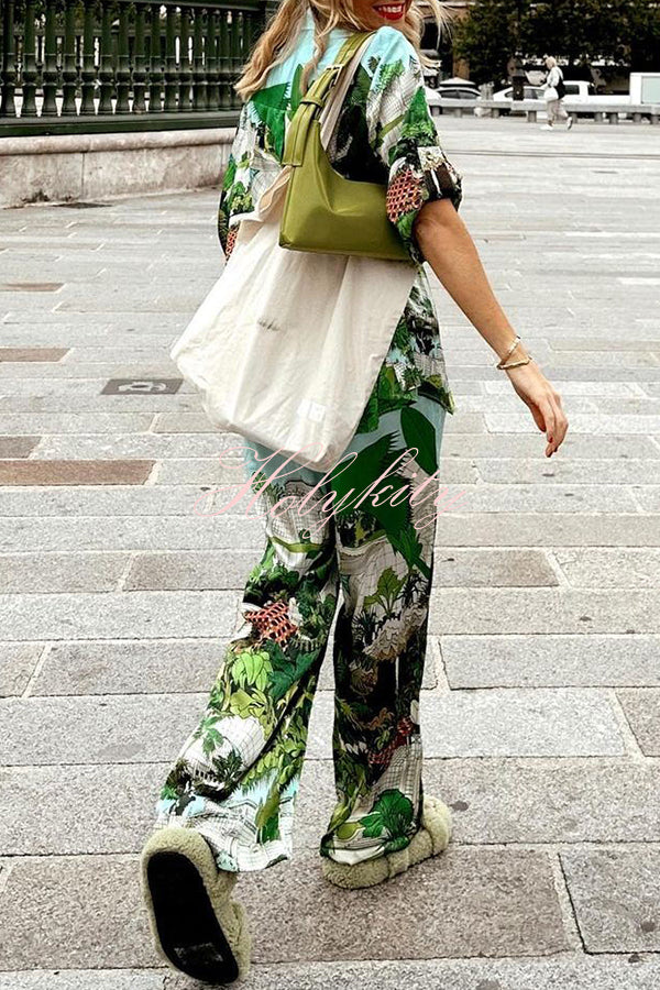 Beautiful Landscape Print Button Pocket Tie Elastic Waist Pants Set