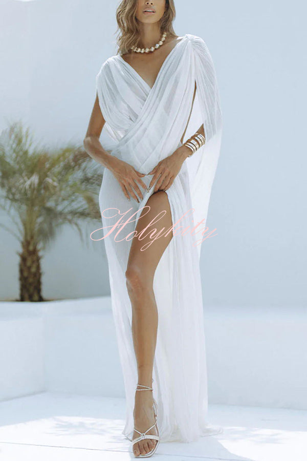 Enjoy Your Vacation Linen Blend Ruched Shoulder Drape Loose Cover Up Maxi Dress