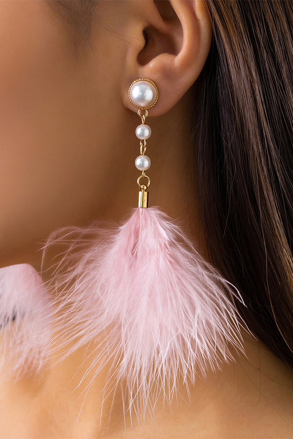 Pearl and Pink Feather Earrings