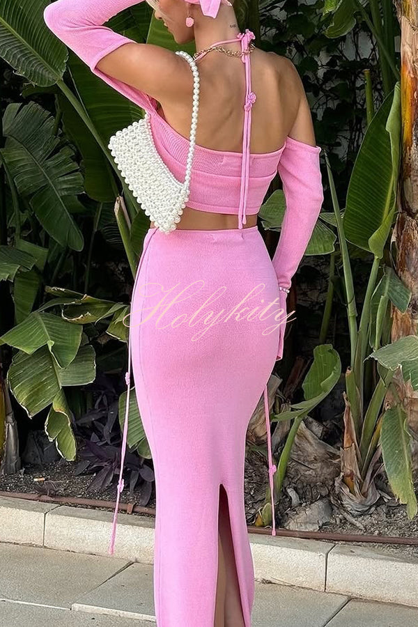 Solid Color Floral Tie Long Sleeve Top and Back Slit Knitted Cover-up Maxi Skirt Set