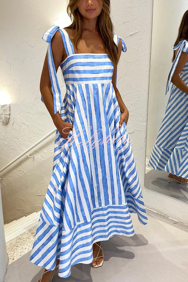 Treasured Times Stripe Print Tie-up Shoulder Pocketed A-line Maxi Dress