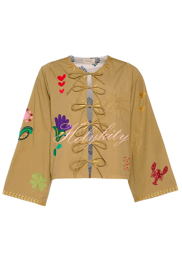 Fashionable Embroidered Lace-up Long-sleeved Loose Top