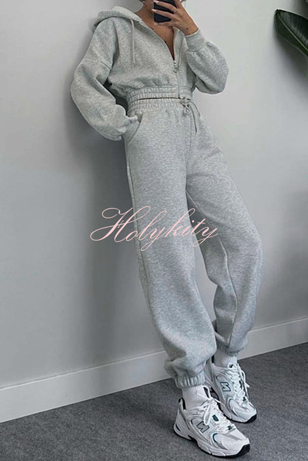 Hooded Zip Up Waist Sweatshirt and Elastic Waist Lace Up Pants Set