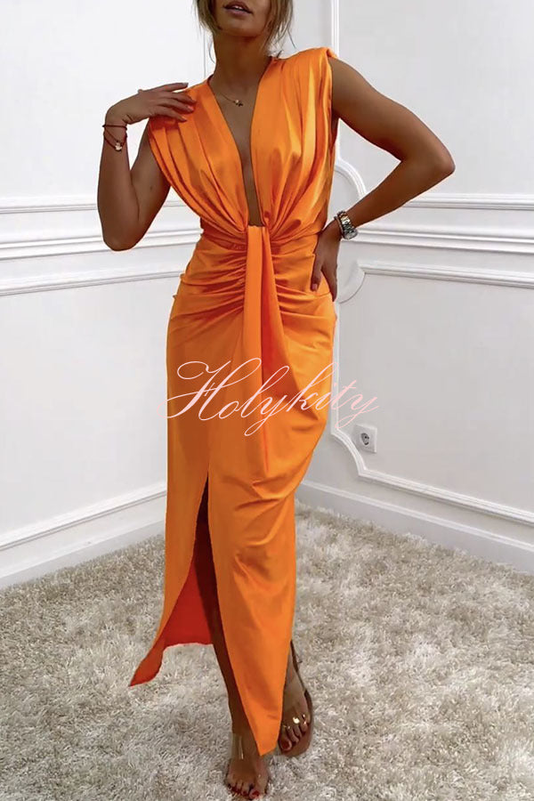 Classic and Sexy Dates V-neck Ruched Drape Slit Midi Dress