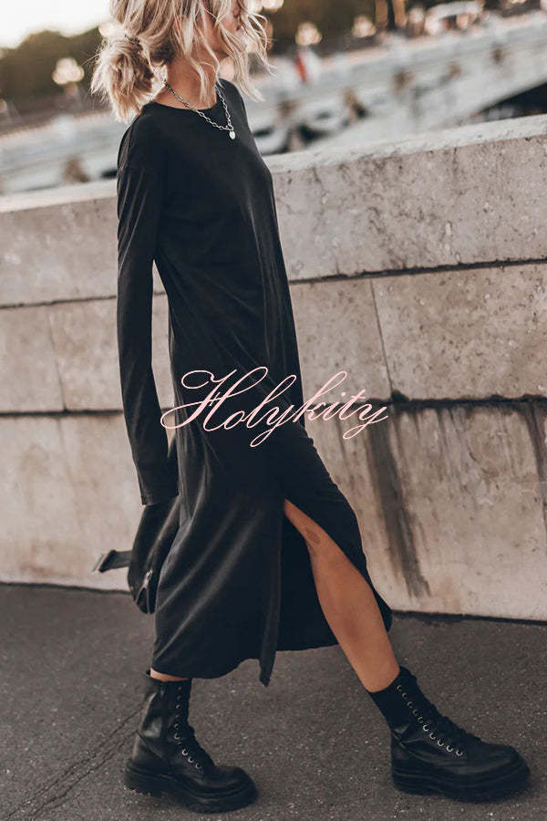 The Bedisse Cotton Blend Long Sleeve Relaxed Slit Midi Dress