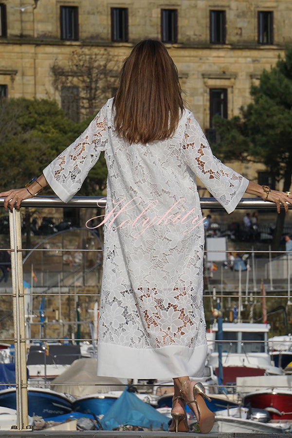 Confidence and Adventure Flower Lace V-neck Bell Sleeve Loose Midi Dress