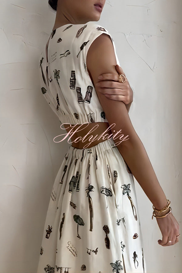 Round Neck Unique Printed Cutout Elastic Waist Short Sleeve Maxi Dress