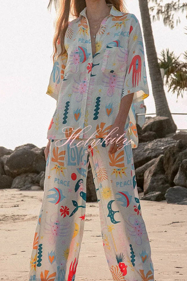 Abstract Sea Creature Print Button Pockets Elastic Waist Pant Suit