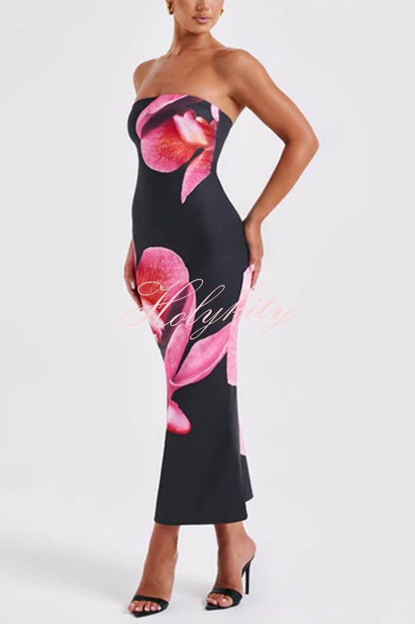 Emmaline Abstract Floral Print Bandeau Stretch Maxi Dress