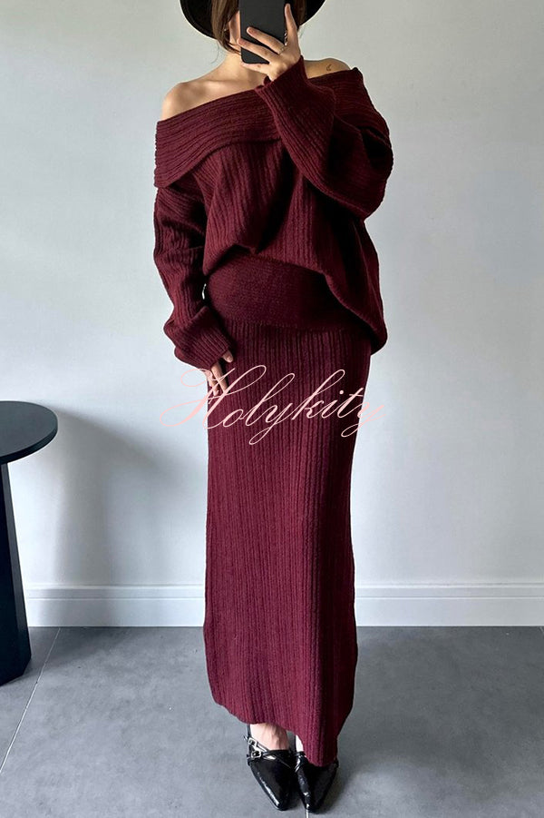 Luka Ribbed Knit Off Shoulder Long Sleeve Sweater and Stretch Maxi Skirt Set