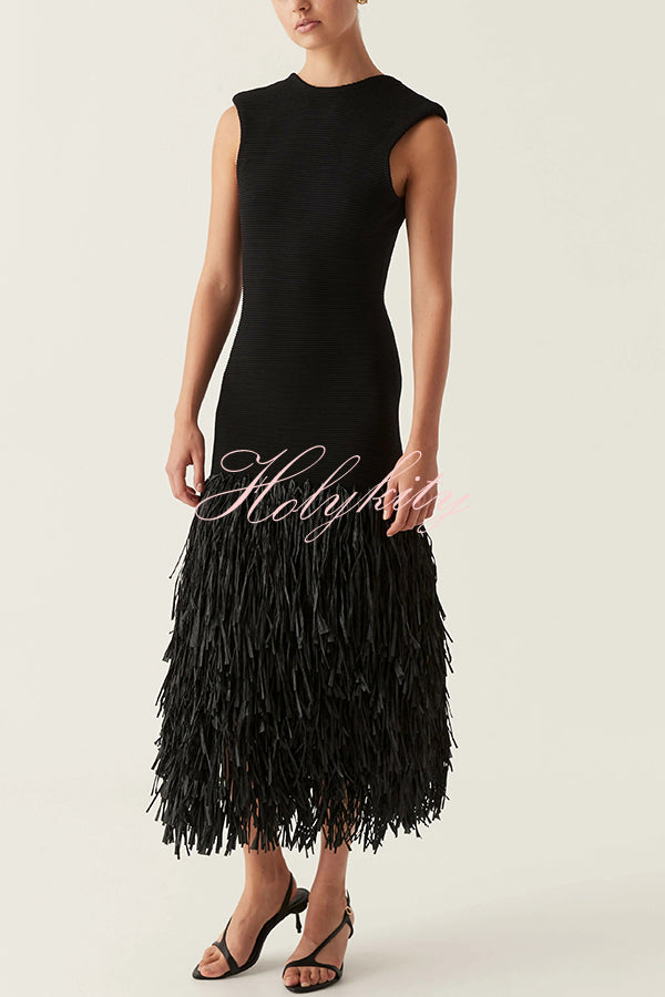 Christie Ribbed Patchwork Tiered Fringed Hem Zipper Backless Maxi Dress