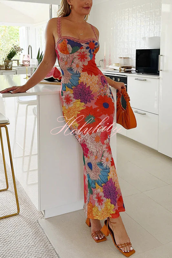 Floral Print Lace Trim Sexy Strapless Backless Slim Fit Maxi Dress