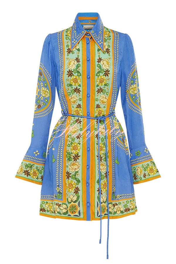 Katia Satin Unique Print Shaped Collar Tie-up Waist Shirt Mini Dress