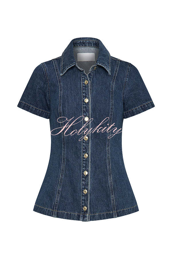 Modern Flavor Denim Short Sleeve Button Up Princess Seams Stretch Top