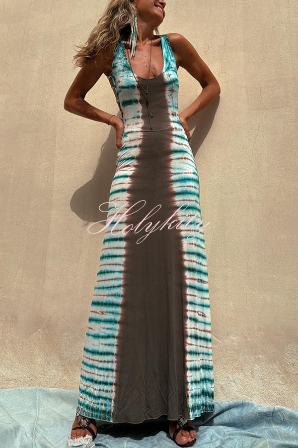 NIL Tie-dye Print Back Lace-up Stretch Maxi Dress