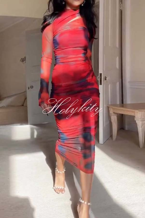 Won The Attention Mesh Tie Dye Ruched Midi Dress