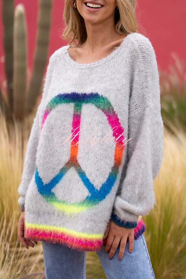 Love and Peace Knit Rainbow Pattern Loose Pullover Sweatershirt