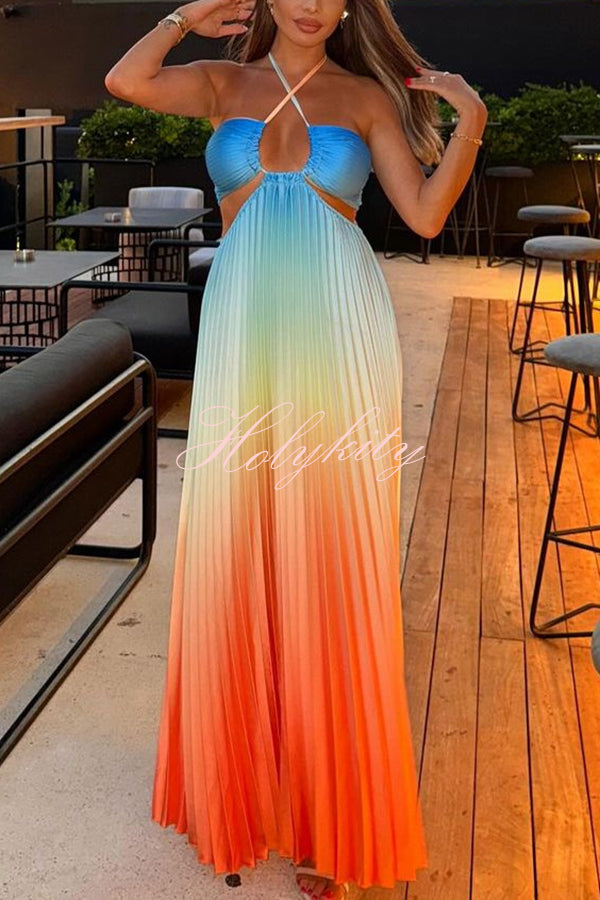 Get Ready Beautiful Gradient Print Cutout Halterneck Pleated Maxi Dress