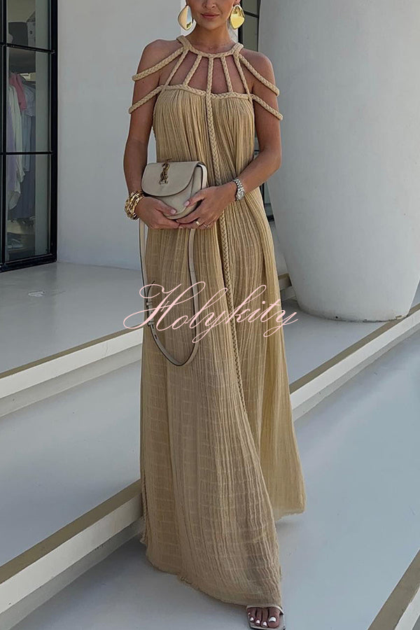 Modern and Sophisticated Linen Blend Draped Braids Cover Up Maxi Dress