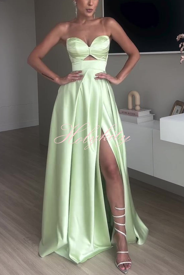 Chic Queen Satin Hollow Strapless Slim High Slit Party Maxi Dress