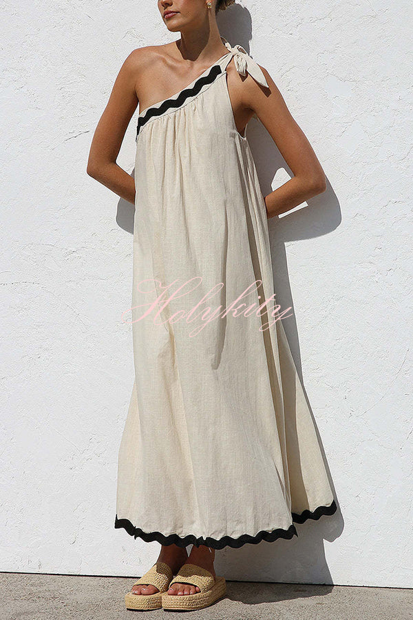 Linen Blend One Shoulder Tie Resort Maxi Dress