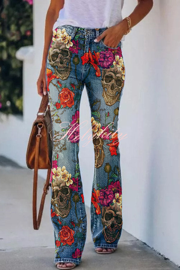 On A Drive Printed Faux Denim High Rise Flare Pants