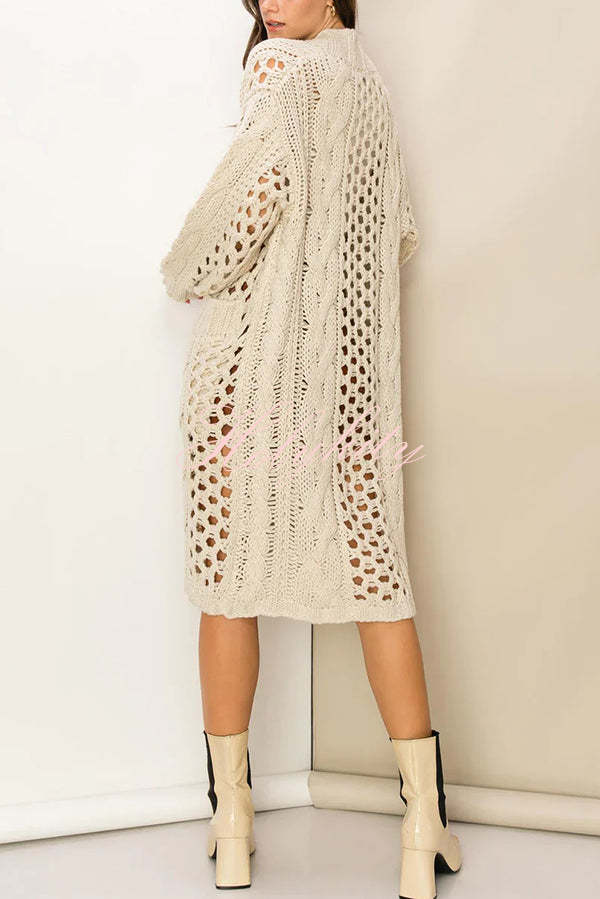 Jamila Knit Cable Cotout Long Sleeve Pocket Oversized Midi Cardigan