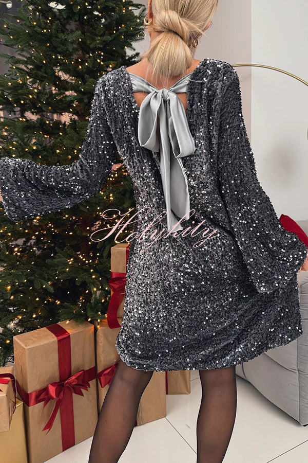 Velvet Sequin Back Bow Bell Sleeves Loose Mini Dress