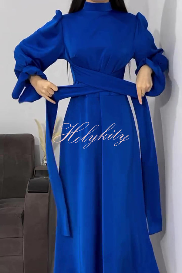 Solid Color Ruffled Sleeves Waisted Tie Slim Fit Maxi Dress