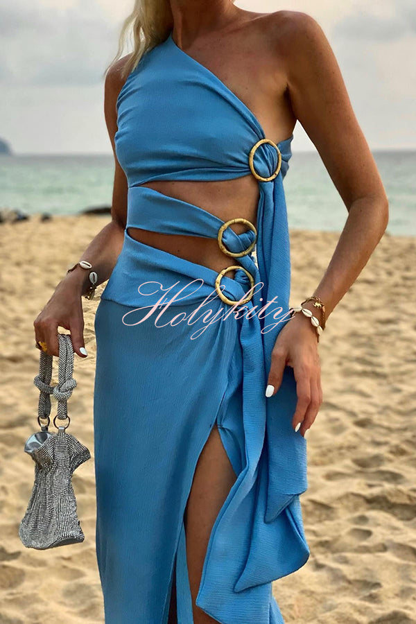 As Beautiful As The Sky Side Waist Ring Hollow Design Slit Vacation Maxi Dress