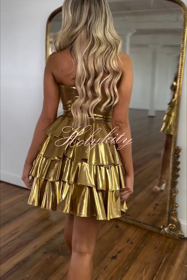 Like A Princess Metallic Fabric Off Shoulder Layered Rusffles Mini Dress