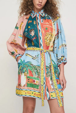 Bella Linen Blend Unique Print Balloon Sleeve Belted Pocket Shirt Mini Dress