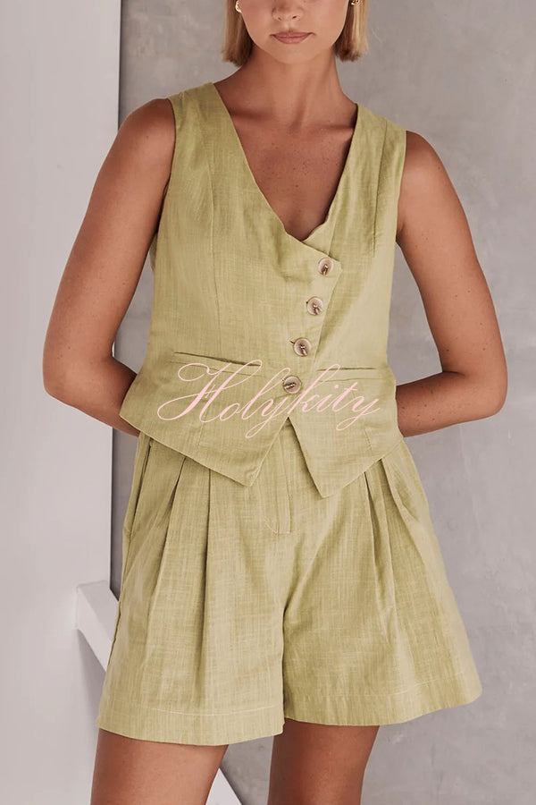 Relaxed Button Pocket Linen Blend V Neck Shorts Set